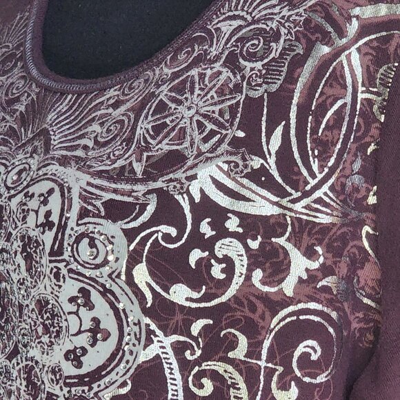 Zenergy Mauve Silver Foil Rhinestone Beaded 3/4 Sleeve Cotton Top Chico 3 US XL - Picture 11 of 16